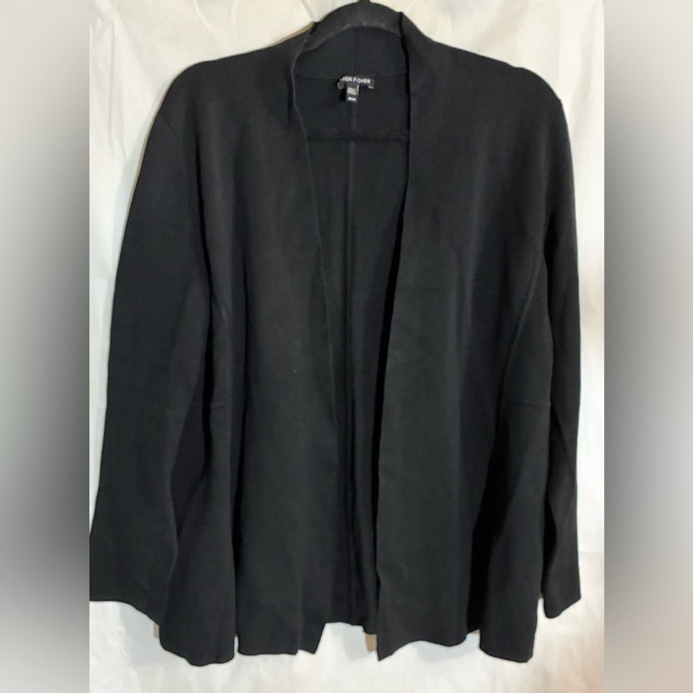 Eileen Fisher Open Cardigan Sweater Sz M Thick Knit Raised Seams Long Lined Chic